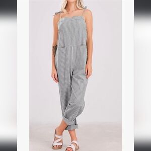 Madepants Summer Casual Stripes Cargo Bib Pants Jumpsuit Linen/Cotton - Size M